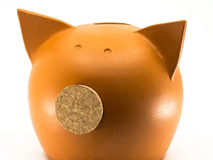 Jucarie animalică pentru copii, suport bani sau decor, design ca un purcelus de lut maro.