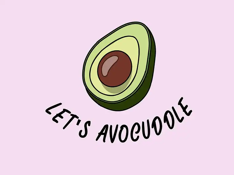 Deliciosu avocado stilizat, cu textul „Let’s Avocado”, ideal pentru conținut pentru copii și pasiunea pentru avocado.