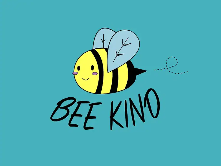 Colorful albina cu imagine de albina și text "Bee Kino" pentru camerele de joacă pentru copii.
