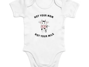 U Hustiu de bebeluși cu desen cu vaca și text amuzant "Not your mom, not your milk".