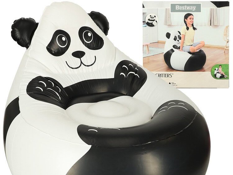 BESTWAY 75116 Fotoliu gonflabil panda gonflabil cu puf - Scaun gonflabil pentru copii. Designul interesant al panda va atrage atenția copiilor și este un plus excelent pentru camera copilului. Sarcina maximă: 70 kg. Dimensiuni: 72 cm x 72 cm x 64 cm.