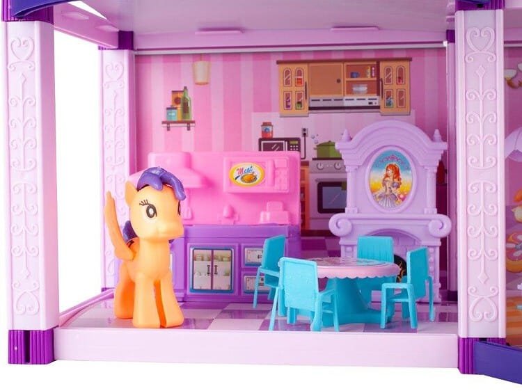 Cute pink children's playhouse with furniture and a toy pony. Perfect for imaginative kids' games and play.