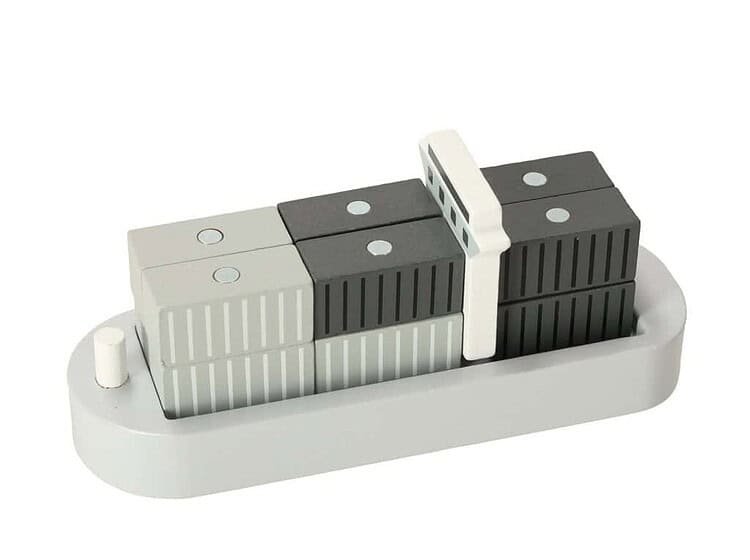 Jucărie educațională pentru copii, sortator de forme și culori, în formă de container cu blocuri.