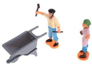 1. Jucării pentru copii, figurine muncitori și roabă, joc de construcție.