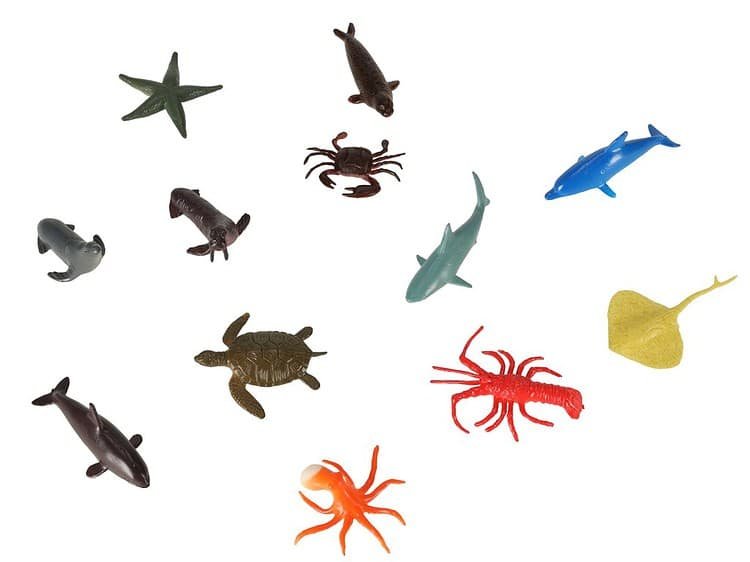 Jucării de apă pentru copii cu forme de animale marine și crustacee colorate.