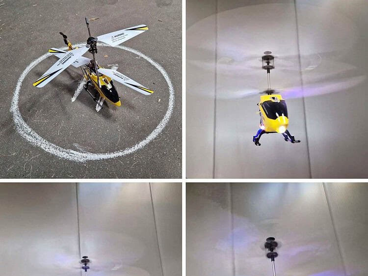 Mini elicopter zburător pentru copii, jucărie controlată cu telecomandă, vedră în acțiune.