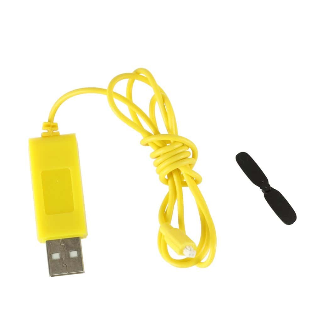 Jucarie de plastelină galbenă cu cablu USB și elice pentru drone sau vehicule RC mate.