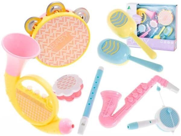 Instrumente muzicale trompetă tamburină flaut - Un set senzațional de instrumente muzicale. Acesta va atrage atenția oricărui copil mic. Joaca cu instrumentele dezvoltă imaginația și creativitatea. Material: plastic. Setul include: trompetă