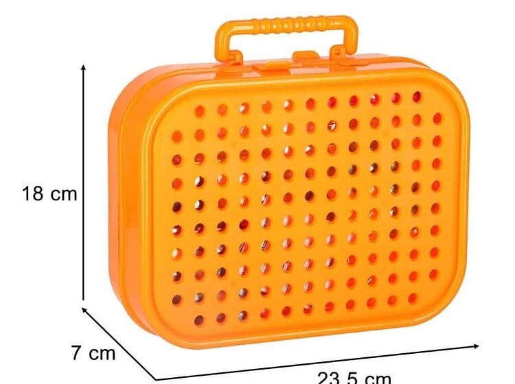 1. Cutie pentru jucării din plastic portocalie, compactă și ușor de transportat.