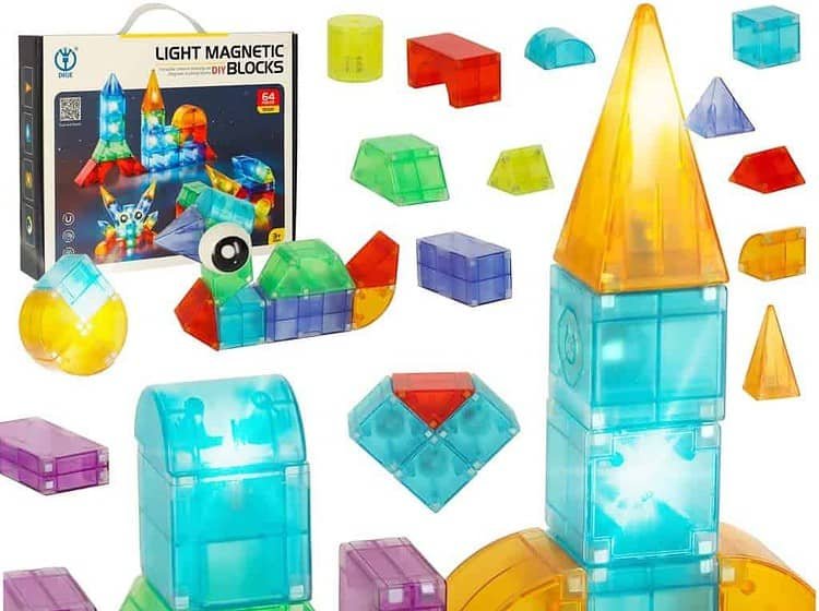 Construcție 3D cărămizi magnetice cu LED-uri strălucitoare 64 de bucăți -