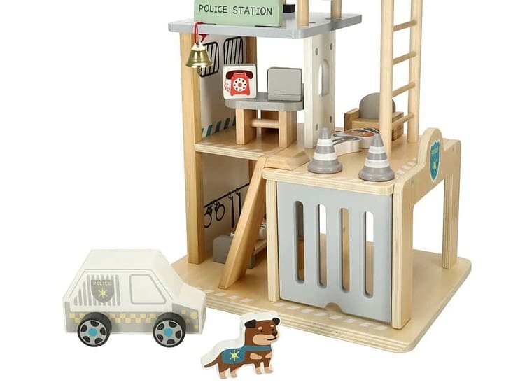 Jucărie casă poliție din lemn pentru copii, set de joacă interactiv.