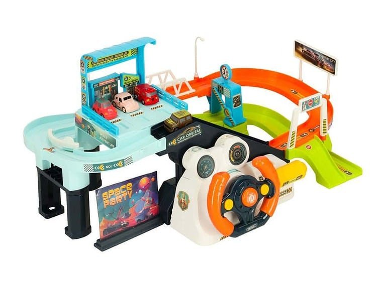 Joaca cu masini electrică pentru copii, turn de curse și șine imaginative, ideal pentru joacă și dezvoltarea creativității.