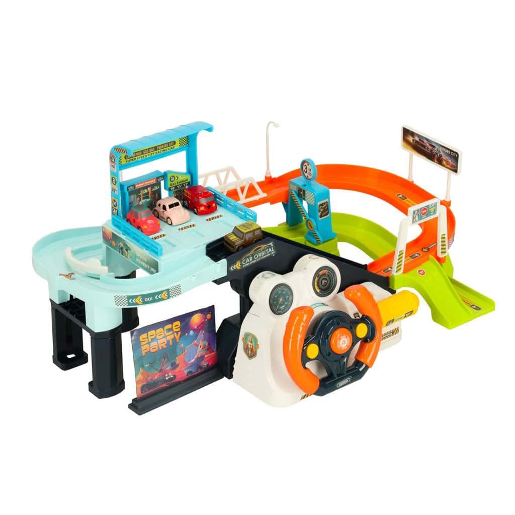 Joaca cu masini electrică pentru copii, turn de curse și șine imaginative, ideal pentru joacă și dezvoltarea creativității.