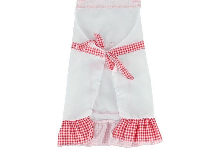 Haină pentru jucării, octogonală, cu broderie roșie și detalii sorrile, ideală pentru copii mici.