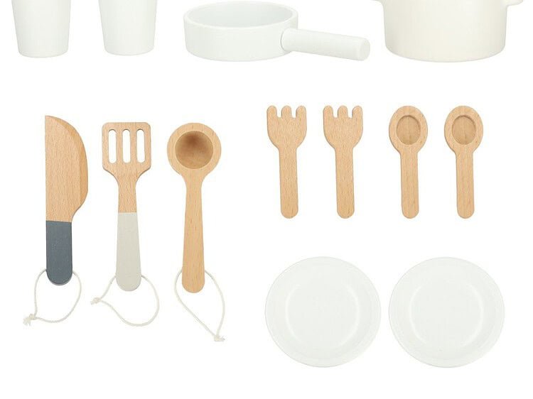 Jucării de lemn pentru copii, set bucătărie, accesorii pentru joacă imită bucătărie reală.