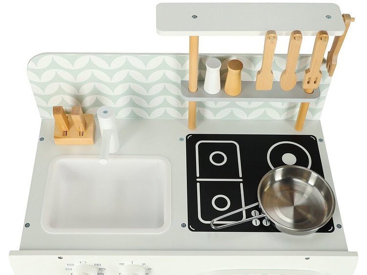 Jucărie bucătărie pentru copii din lemn, set de joacă pentru gătit și spălat vase.