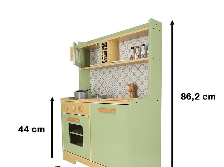 Jucarie bucatarie pentru copii din lemn, roz, cu accesorii și electrocasnice mici realistic.