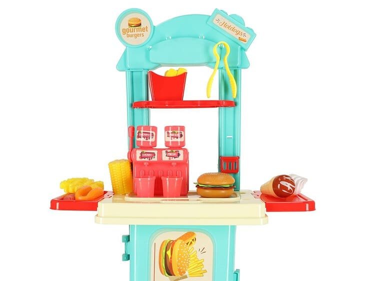 Bucătărie pentru copii într-o valiză fast-food burger set înghețată cartofi prăjiți 55cm -