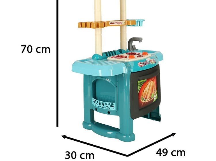 1. Jucărie bucătărie de plastic pentru copii, în nuanțe de albastru și portocaliu, cu dimensiuni de 70cm în înălțime.