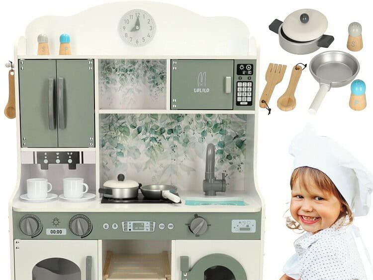 Bucătărie din lemn MDF LULILO Saliko cu mașină de espresso - Bucătărie din lemn pentru copii LULILO cu accesorii. Îl va învăța pe copilul dvs. să organizeze și să folosească planificatoare