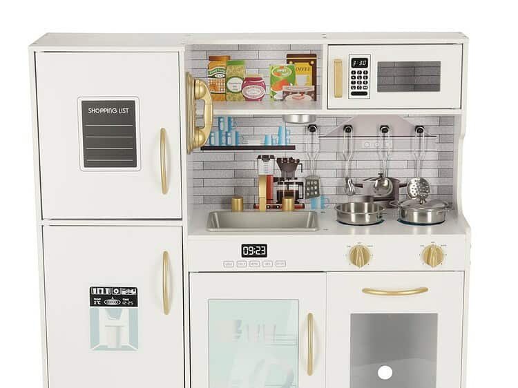 1. Bucătărie jucărie pentru copii, decor realist, mobilier din lemn, set educativ, pentru joacă.