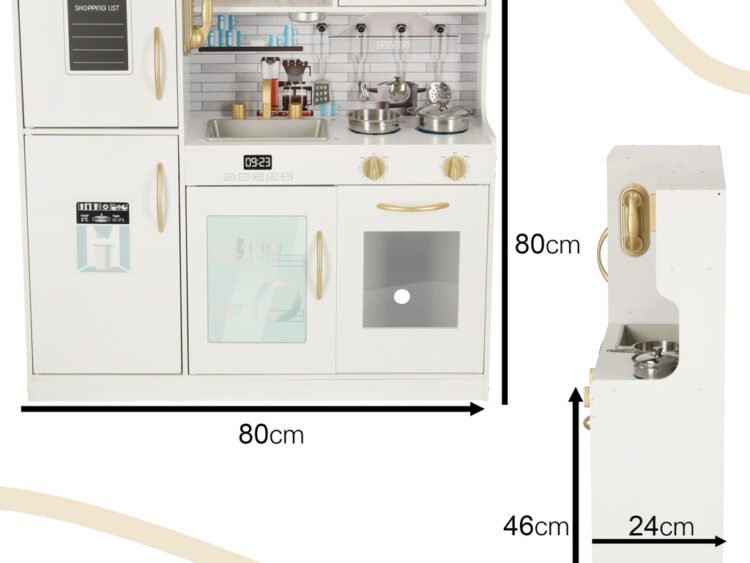 1. jucarie bucatarie pentru copii, mobilier din lemn, alb cu detalii aurii, 80x80cm.