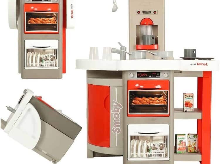 Bucătărie de plastic pentru copii roșu cu sunet - Bucătărie modernă din plastic cu accesorii. Jucăria este o miniatură a unei bucătării reale și are un cuptor