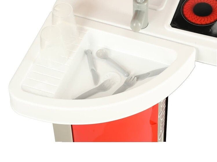 Jucărie pentru copii, bucătărie de jucărie cu chiuvetă și accesorii, în culoare albă.