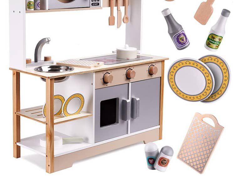 LULILO Bucătărie din lemn pentru copii MDF KUKETO + accesorii - Bucătărie fantastică din lemn LULILO pentru autoasamblare. Acesta are aparate de uz casnic și o mulțime de elemente care reproduc o bucătărie reală. Joaca va stimula creativitatea și imaginația. Echipament ideal pentru camera unui copil. Dimensiuni: 85x59