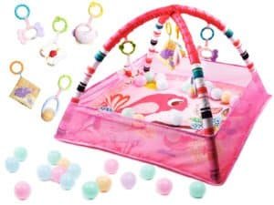 Playpen educațional cu bile roz - Covoraș educativ multifuncțional cu bile. Covorașul crește odată cu copilul dumneavoastră. Atrage atenția copilului mic și definește zona de joacă. Inclus: covoraș