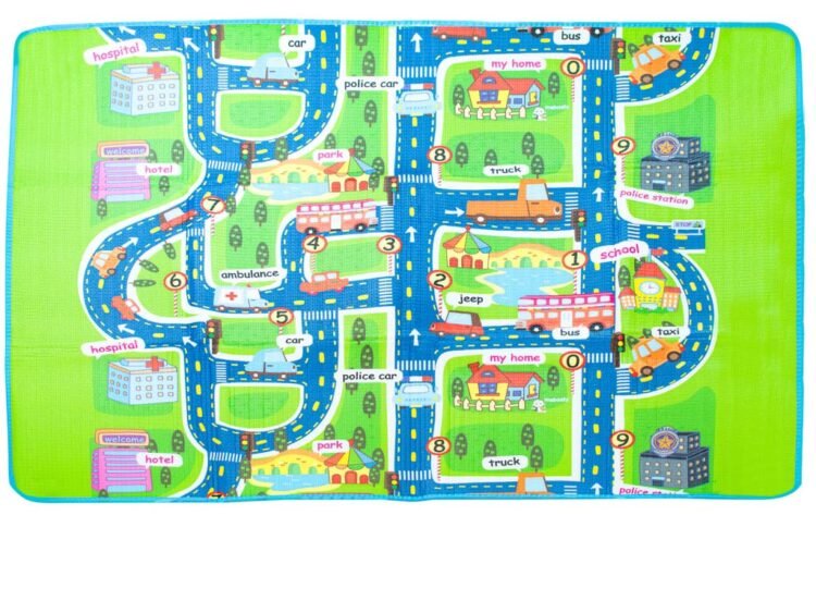 care îmbunătățește confortul copilului în timpul jocului pe podea. Modelul de pe covoraș înfățișează un drum de oraș