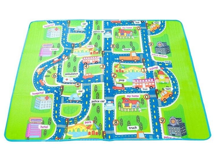 cu mașini și clădiri. Este ușor de curățat. Dimensiuni: 1.6m x 1.3m