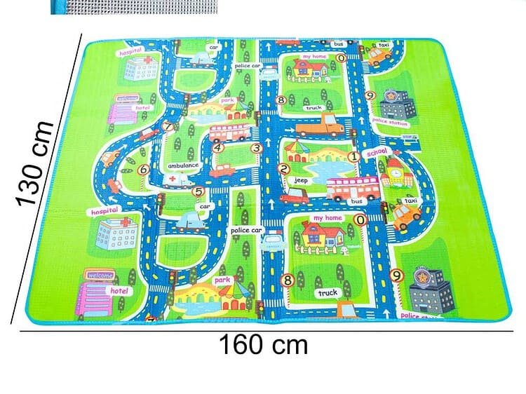 Joacă mat din cauciuc pentru copii, model oraș cu drumuri și clădiri, 130x160cm.