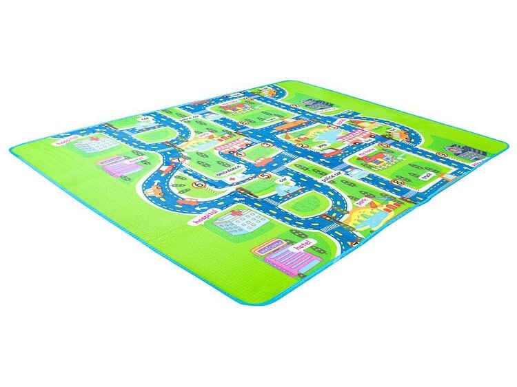 Colorful play mat with city streets and buildings for children.