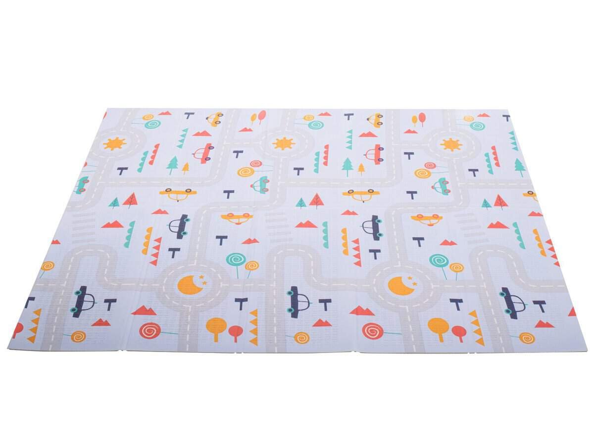 Covor sigur pentru copii, model oraș și mașini, ideal pentru camera de joacă.