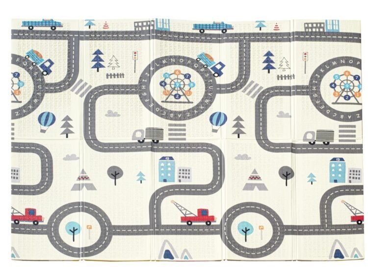 Jucarie covoras pentru copii, design cu strada, masini si elemente urbane, pentru joaca si decor ambiental.