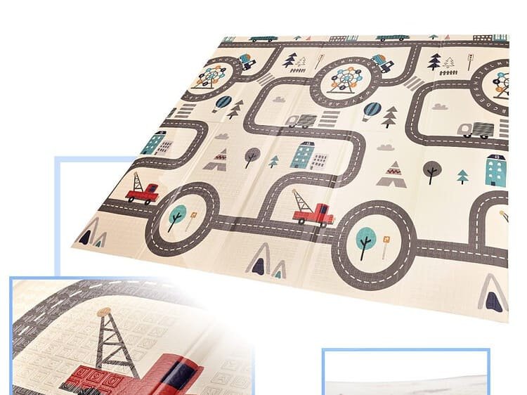 Joc de covor pentru copii cu drumuri și orașe, pentru joacă și învățare.