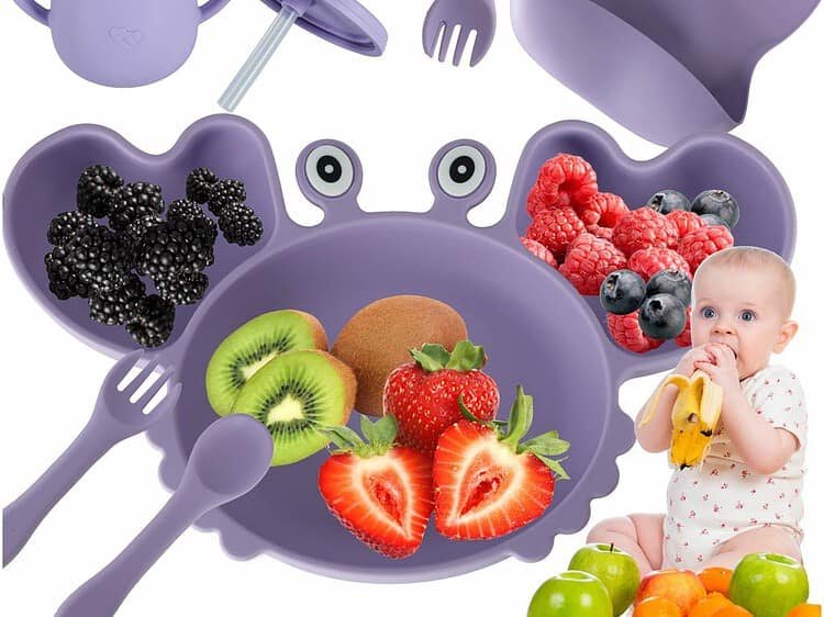 Ustensile de silicon pentru copii crab set de 9 bucăți violet - Set de vase din silicon pentru bebeluși - bolul și farfuria au ventuze. Setul include și o bavețică