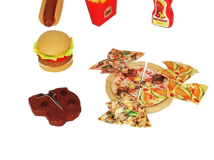Jucarii de papusi - pizza, hot dog, cartofi prajiti, sos, burger, carne de jucarie, pentru joaca si distractie.
