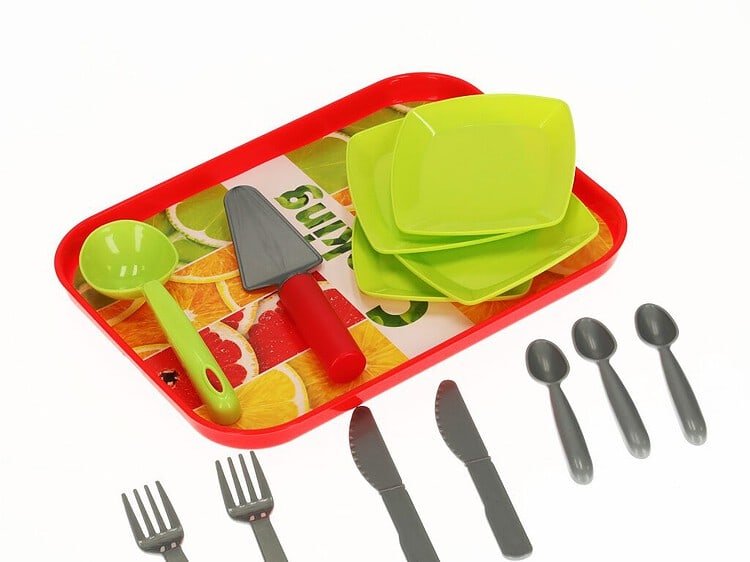 Jucării set vesel pentru joacă de rol cu tacâmuri și farfurii culori vii.