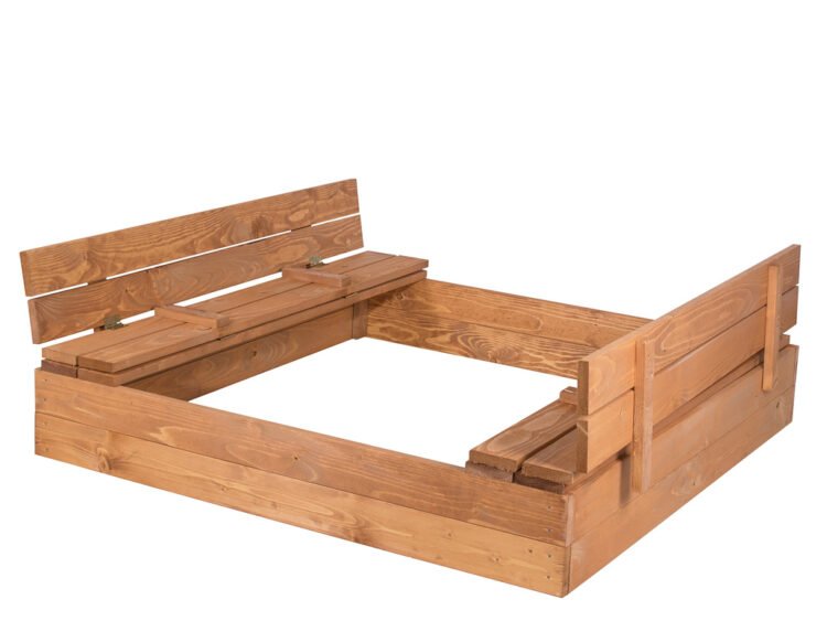 Cutie de nisip din lemn impregnat cu închidere 150x150cm - O groapă de nisip din lemn este o necesitate pentru fiecare curte. Este acoperită cu impregnare pentru a proteja structura din lemn. Băncuțele laterale se transformă într-un capac