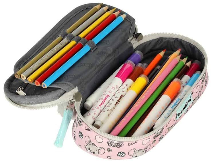 Colorful kids' marker and colored pencil set in cute mouse-themed pencil case.