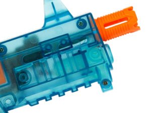 Jucarie pentru copii cu pistol de apa transparent albastru si portocaliu.