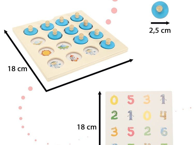 4 cărți cu două fețe și 16 ciuperci. Dimensiunile plăcii: 18x18x1cm.