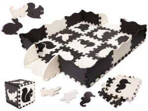 Puzzle-uri de spumă covor de spumă / playpen pentru copii 25 de piese alb-negru și alb - Puzzle uriaș din spumă impermeabilă cu animale detașabile. Culorile contrastante vor stimula imaginația copilului dumneavoastră și îl vor izola de podeaua rece. Acestea sunt ușor de curățat. Setul include: 16 cadre și 9 puzzle-uri. Material: spumă EVA. Dimensiunile întregului covor: 114x114x1cm