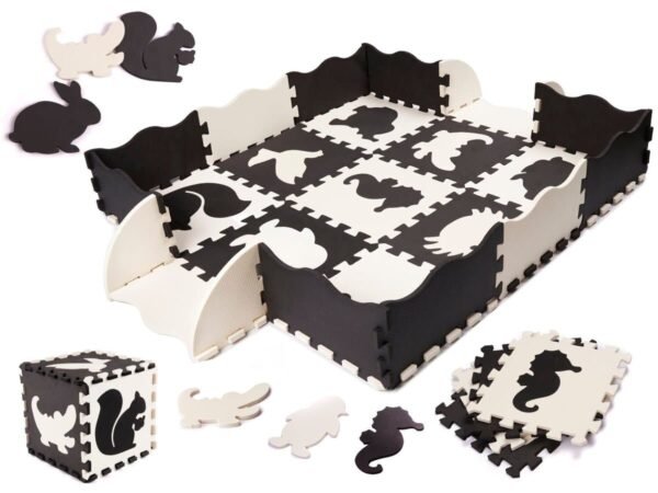 Puzzle-uri de spumă covor de spumă / playpen pentru copii 25 de piese alb-negru și alb - Puzzle uriaș din spumă impermeabilă cu animale detașabile. Culorile contrastante vor stimula imaginația copilului dumneavoastră și îl vor izola de podeaua rece. Acestea sunt ușor de curățat. Setul include: 16 cadre și 9 puzzle-uri. Material: spumă EVA. Dimensiunile întregului covor: 114x114x1cm