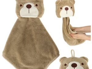 Copii pepinieră prosop de mână 42x25cm ursuleț de pluș maro - Un prosop moale pentru copii cu un ursuleț de pluș adorabil. Poate fi pliat și introdus în ursulețul de pluș. Bucla cusută vă permite să îl agățați de un cârlig. Este extrem de moale și plăcut pe piele. Material: poliester