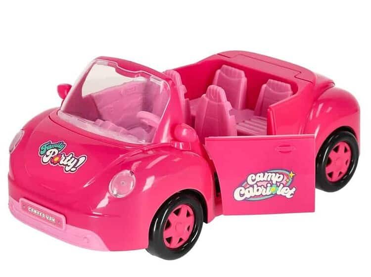 Mașinuță jucărie roz pentru copii, ideală pentru joacă în familie și în aer liber.