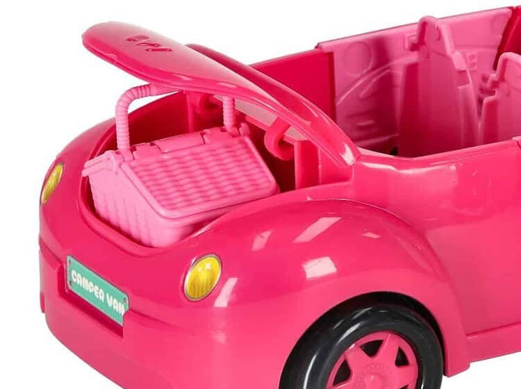 Jucărie mașină roz pentru copii cu spațiu de joacă și accesorii, ideal pentru fetițe.