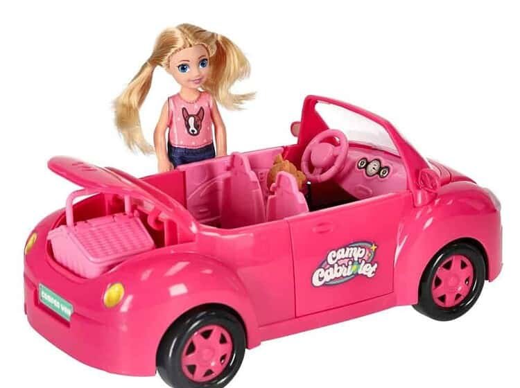 Jucărie mașină pentru copii roz cu păpușă și accesoriu, ideal pentru joacă și dezvoltarea imaginației.
